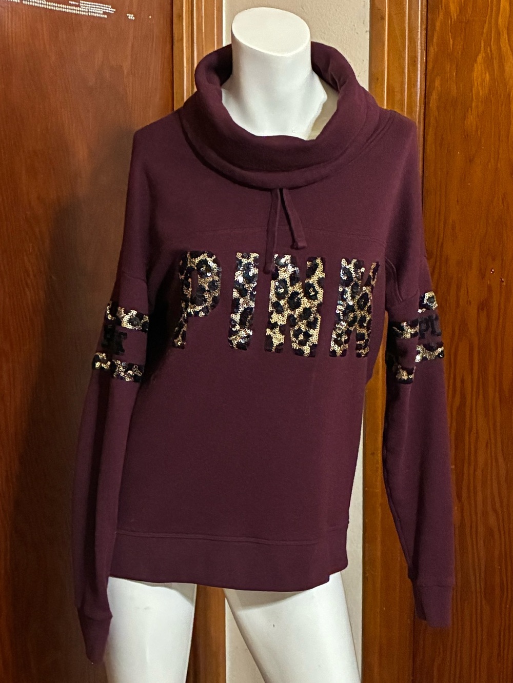VS PINK Maroon Cowl Neck Pullover Sweatshirt w/ Leopard Print Sequins